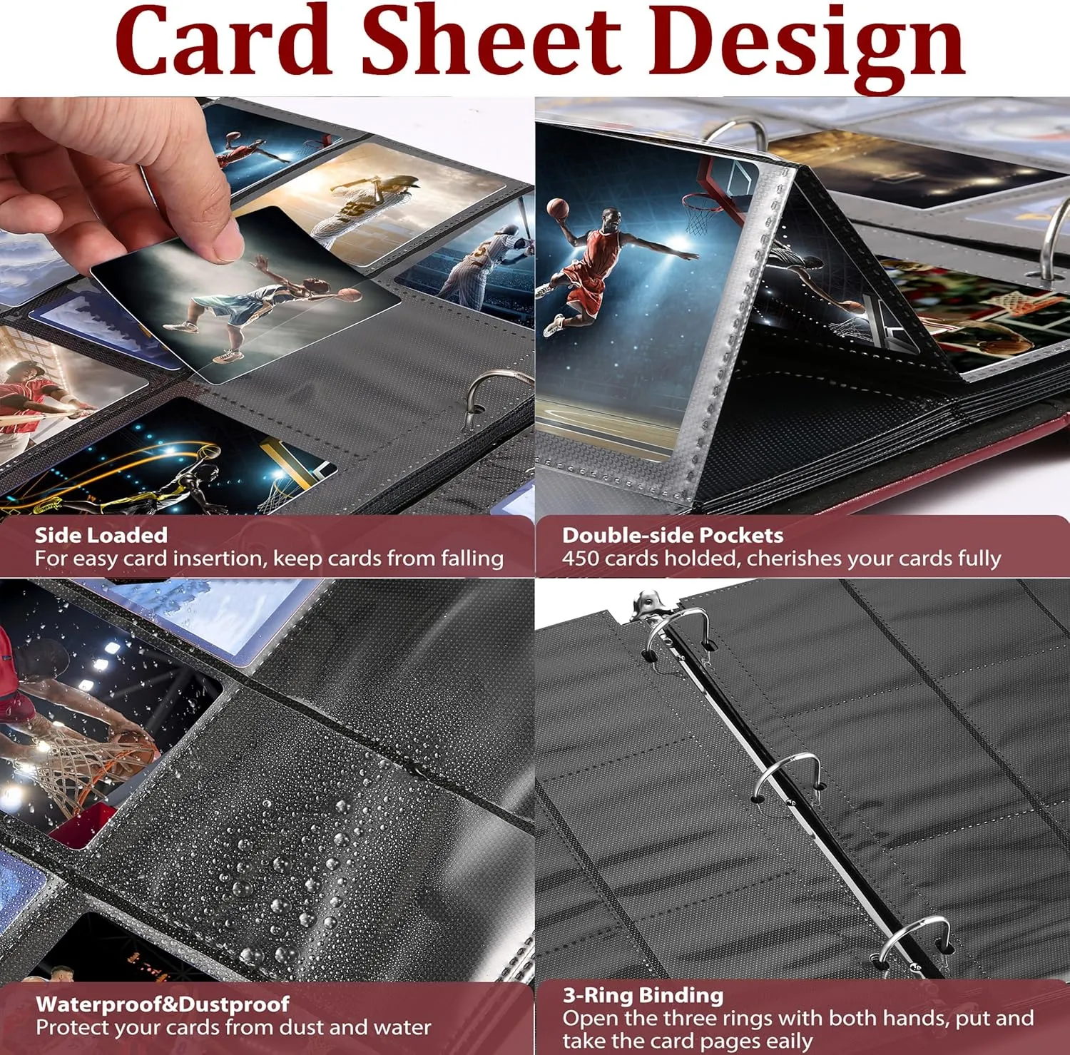 WOT I Deluxe Trading Card Binder, 450 Pockets Collectible Card Binder Sleeves, Refillable Leather 3 Ring Binder with Side-load Pocket Card Pages for Holding Cherished Cards - Red