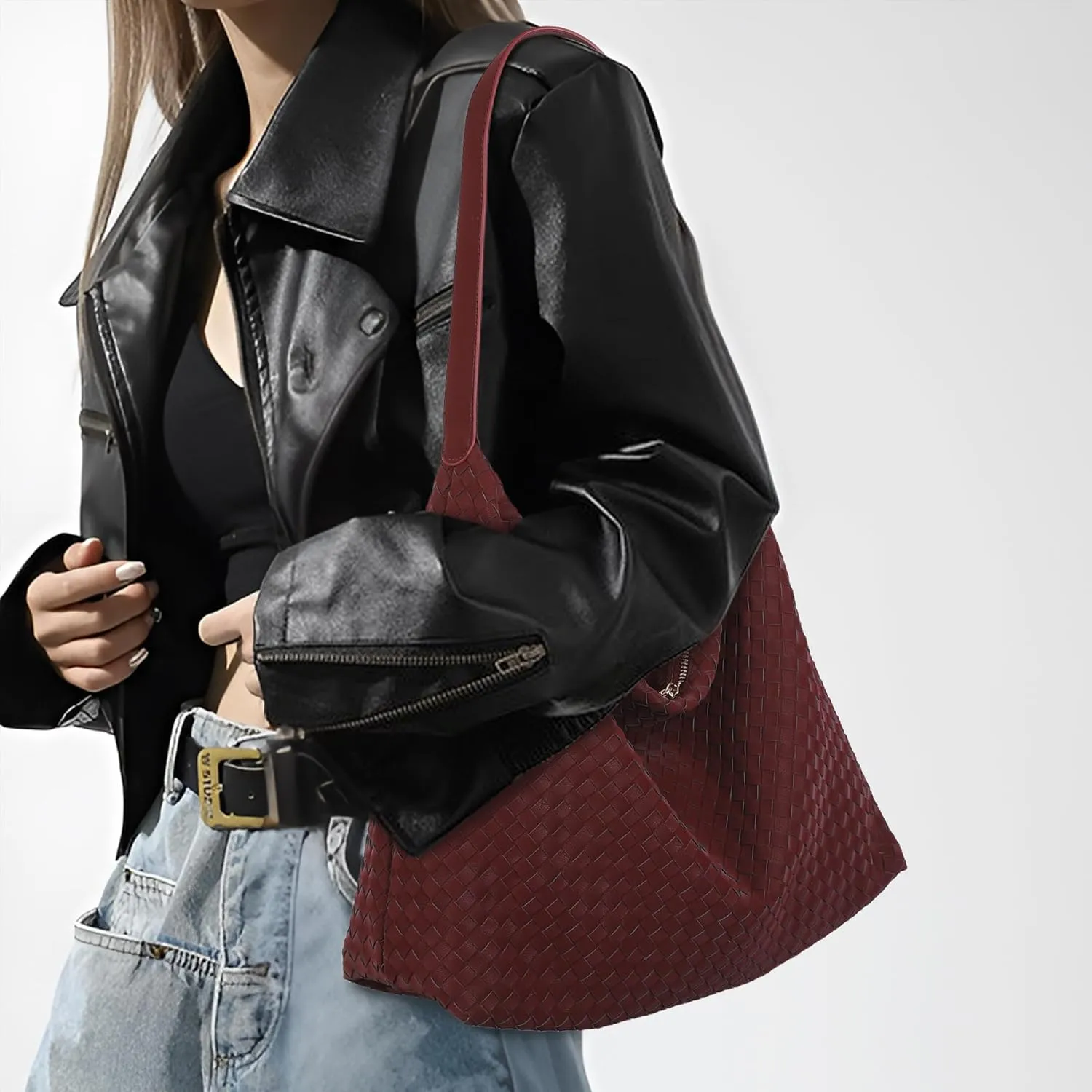 Woven Bag for Women, Vegan Leather Tote Bags Large Hobo Purses for Women Handmade Shoulder Bag with Adjustable Strap