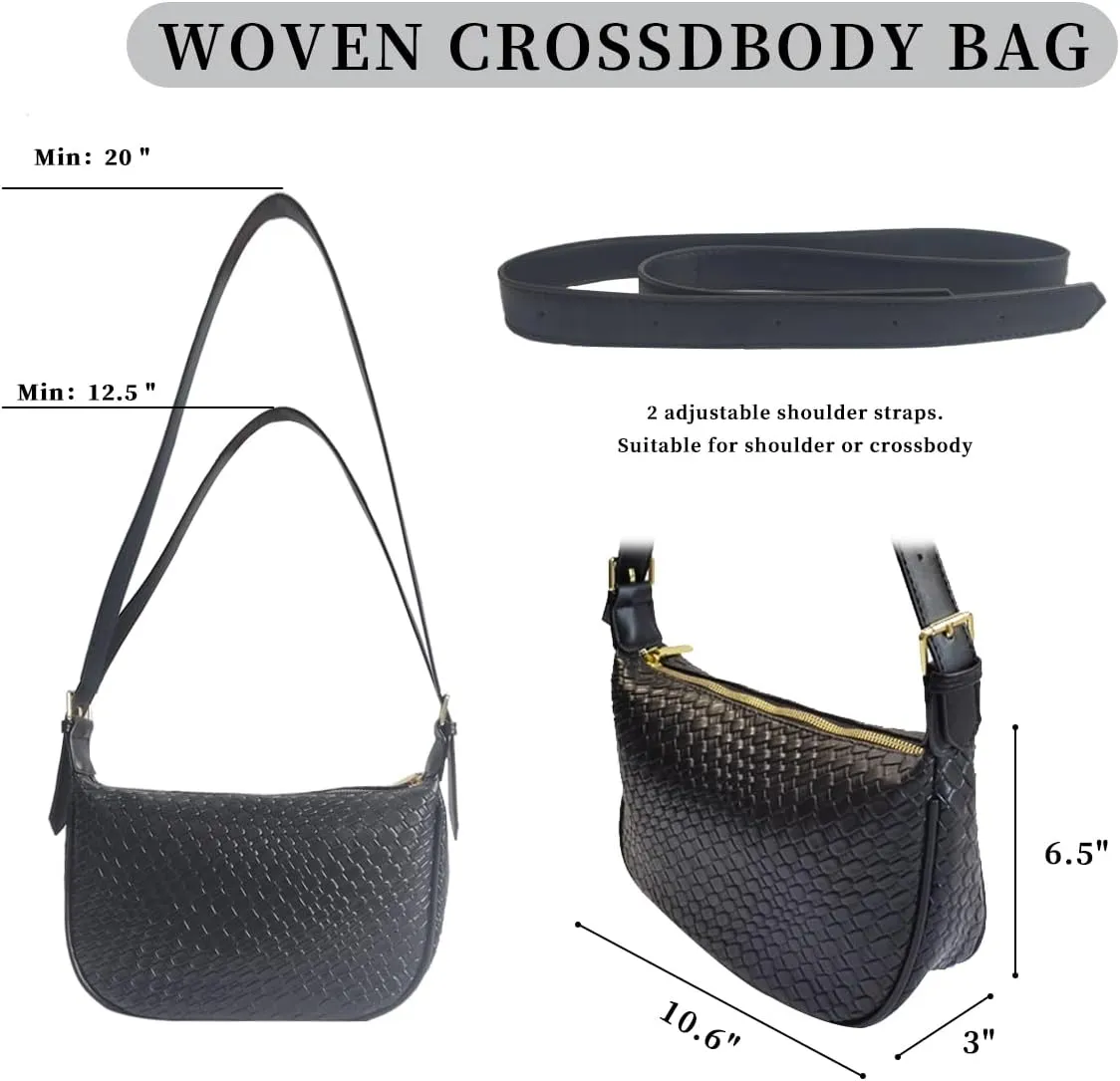 Woven Crossdbody Bag Vegan Leather Bag For Women Crescent Shoulder Hobo Handbag with 2 Adjustable Strap