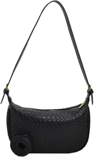 Woven Crossdbody Bag Vegan Leather Bag For Women Crescent Shoulder Hobo Handbag with 2 Adjustable Strap