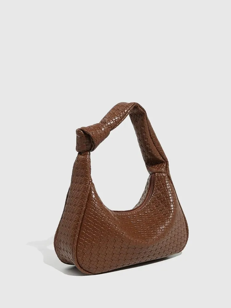 Woven Purses for Women Knotted Top Handle Bag Small Hobo Purse Woven Leather Handbags Trendy Clutch Shoulder Bag with Zipper