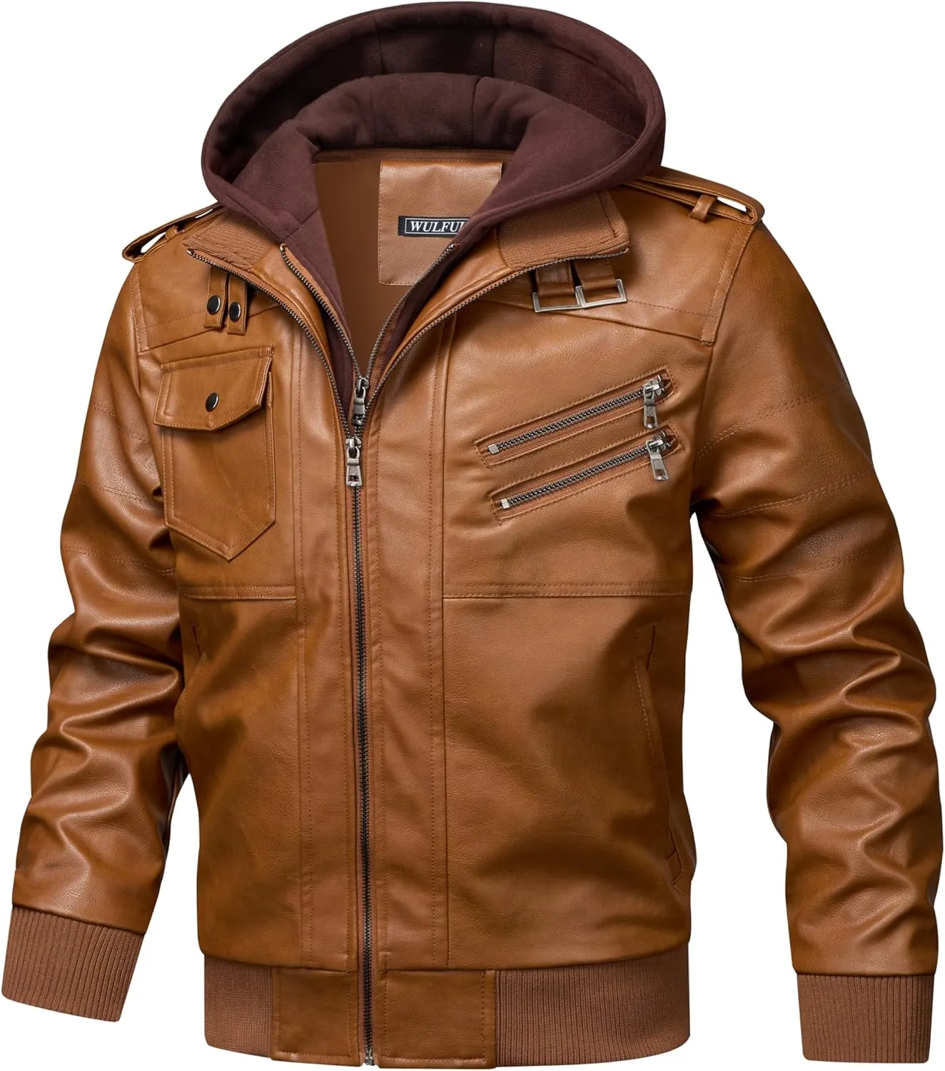WULFUL Men's Leather Jackets, Faux Leather Jacket for Men Lapel Zip-Up Slim Fit Coat
