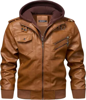 WULFUL Men's Leather Jackets, Faux Leather Jacket for Men Lapel Zip-Up Slim Fit Coat