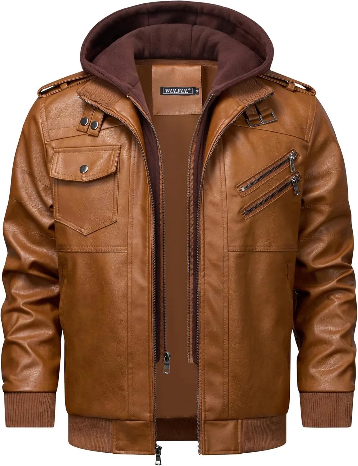 WULFUL Men's Leather Jackets, Faux Leather Jacket for Men Lapel Zip-Up Slim Fit Coat