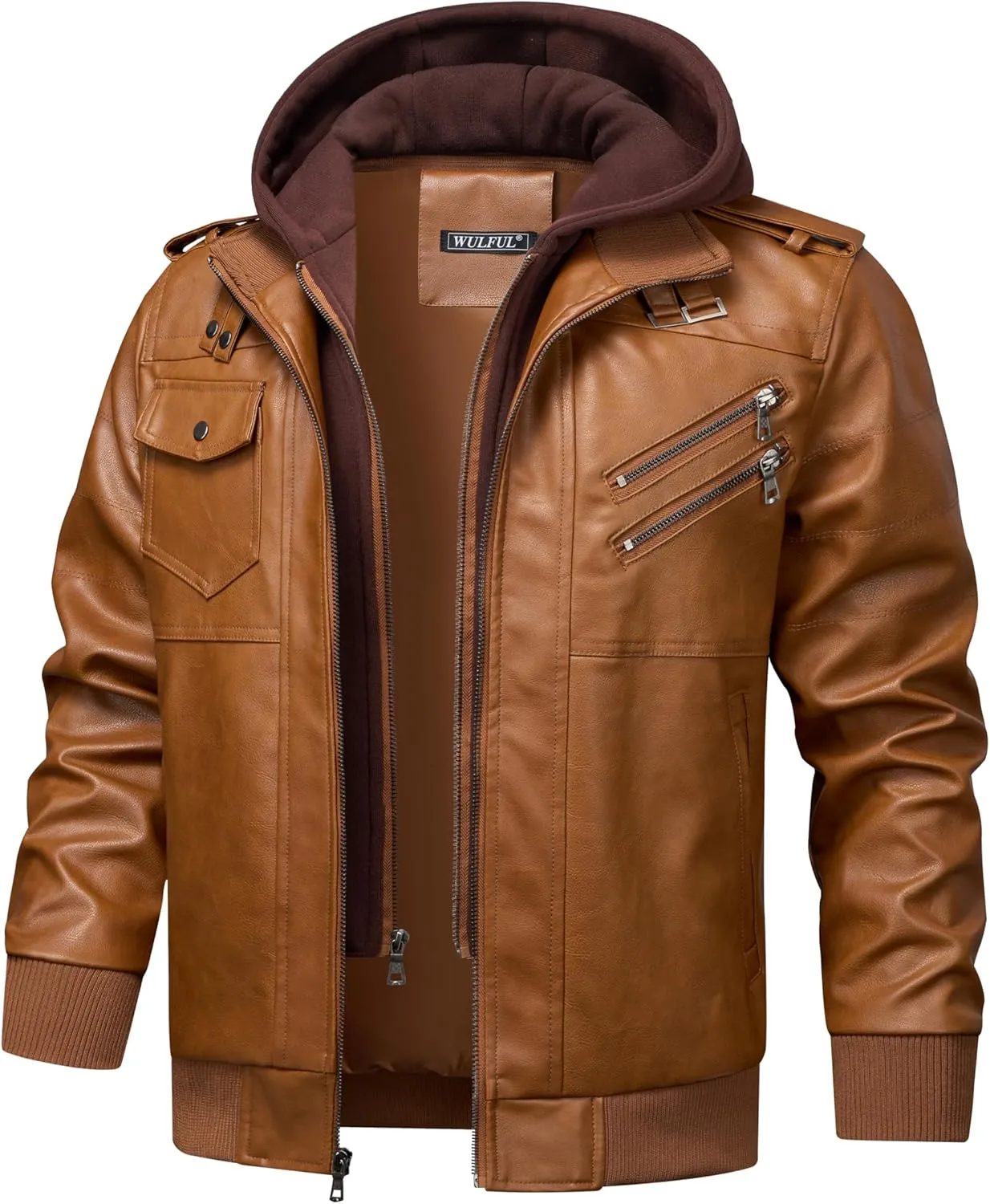 WULFUL Men's Leather Jackets, Faux Leather Jacket for Men Lapel Zip-Up Slim Fit Coat