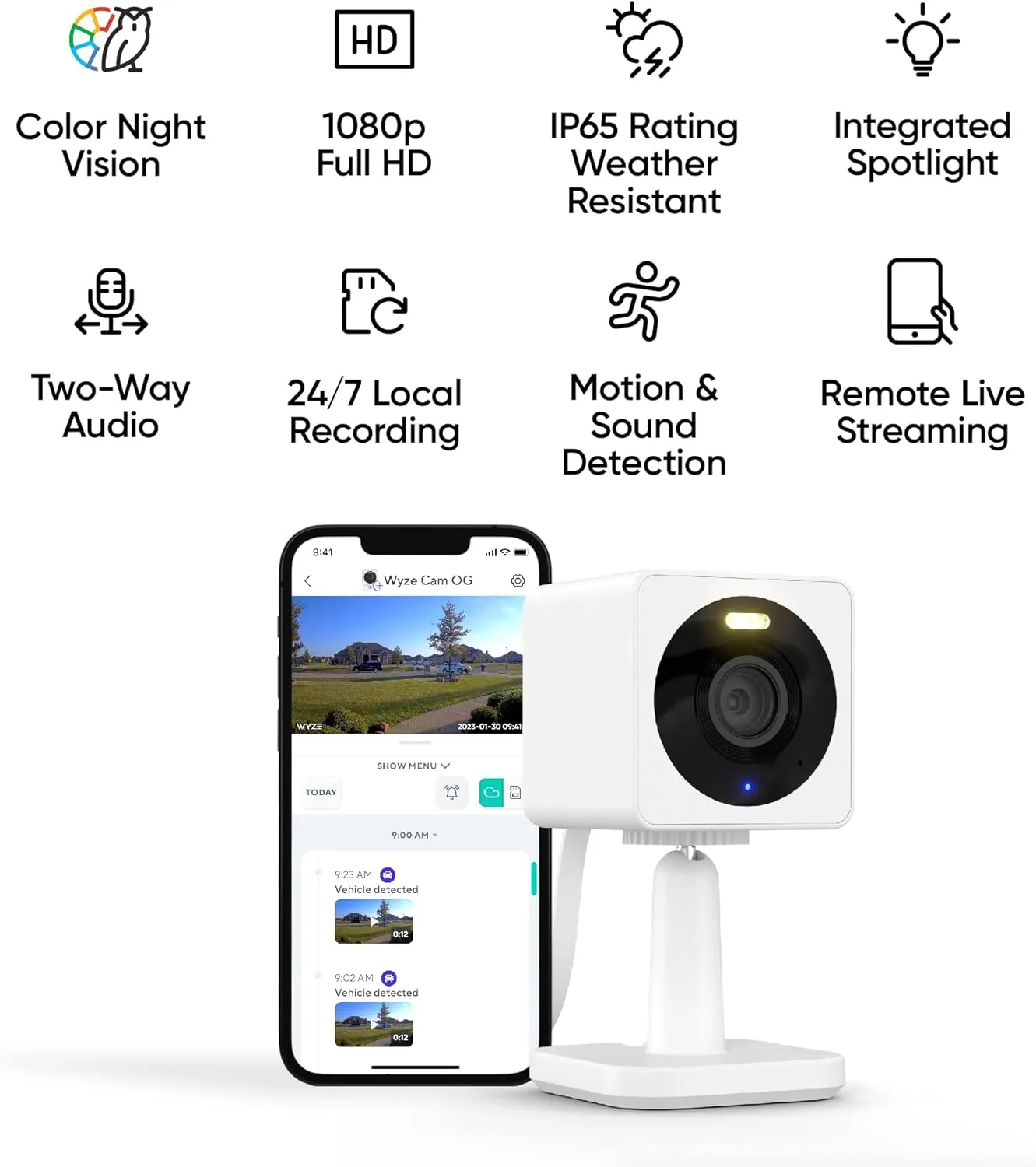 Wyze Cam OG Indoor/Outdoor 1080p Wi-Fi Smart Home Security Camera with Color Night Vision, Built-in Spotlight, Motion Detection, 2-Way Audio, Compatible with Alexa & Google Assistant, White