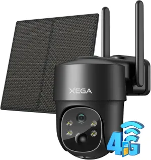 Xega 4G LTE Cellular Security Camera Solar with SIM Card,Wireless Outdoor No WiFi Security Camera,2K HD PTZ Night Vision Motion Detection 2 Way Talk TF&Cloud Storage IP66, Built-in SIM Card