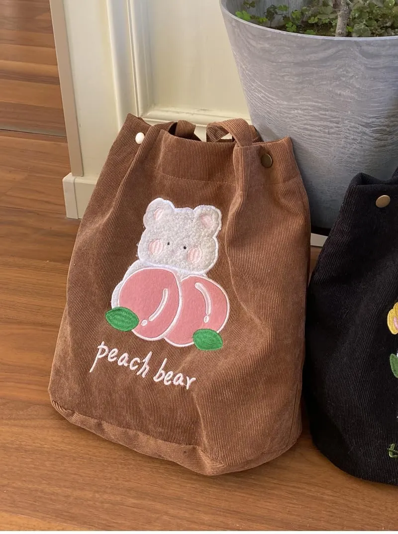 Y2k Corduroy Tote Bag for Women Bear Print Big Capacity Handbags for Women Japanese Kawaii Casual Shoulder Bag