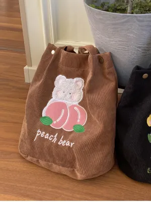 Y2k Corduroy Tote Bag for Women Bear Print Big Capacity Handbags for Women Japanese Kawaii Casual Shoulder Bag