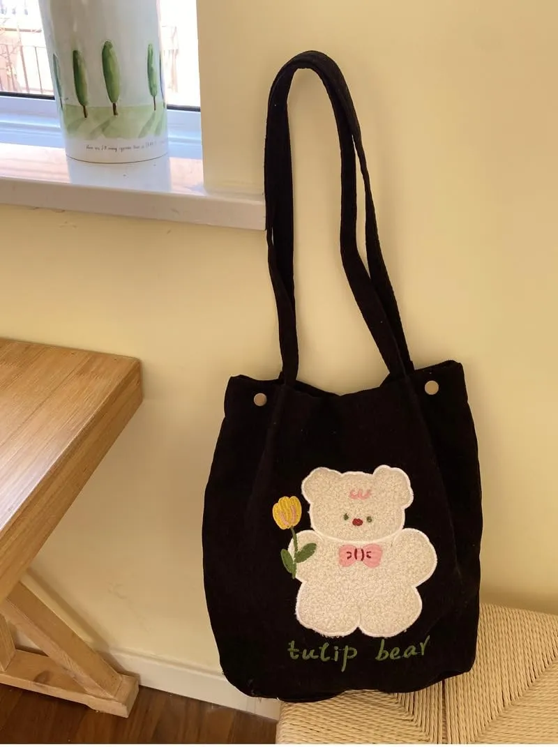 Y2k Corduroy Tote Bag for Women Bear Print Big Capacity Handbags for Women Japanese Kawaii Casual Shoulder Bag