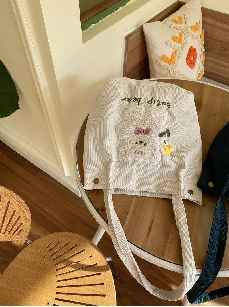 Y2k Corduroy Tote Bag for Women Bear Print Big Capacity Handbags for Women Japanese Kawaii Casual Shoulder Bag