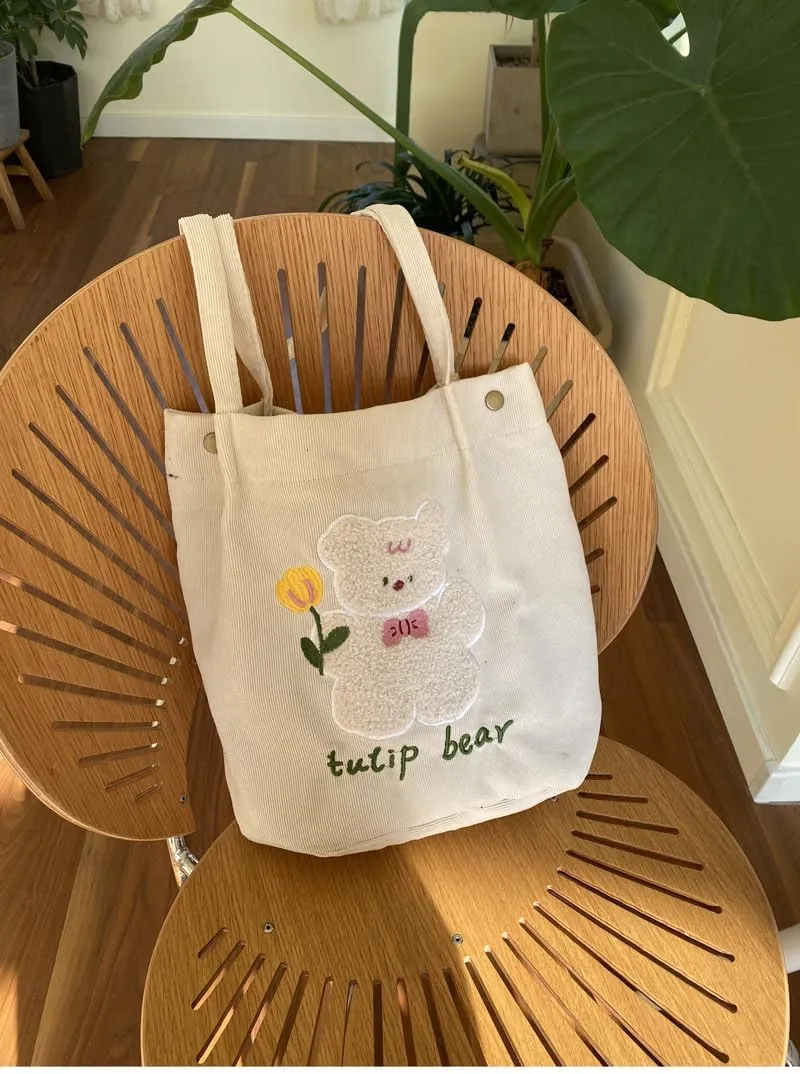 Y2k Corduroy Tote Bag for Women Bear Print Big Capacity Handbags for Women Japanese Kawaii Casual Shoulder Bag