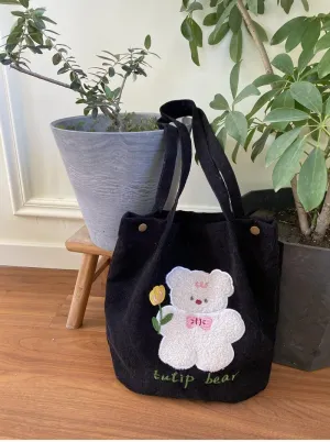 Y2k Corduroy Tote Bag for Women Bear Print Big Capacity Handbags for Women Japanese Kawaii Casual Shoulder Bag