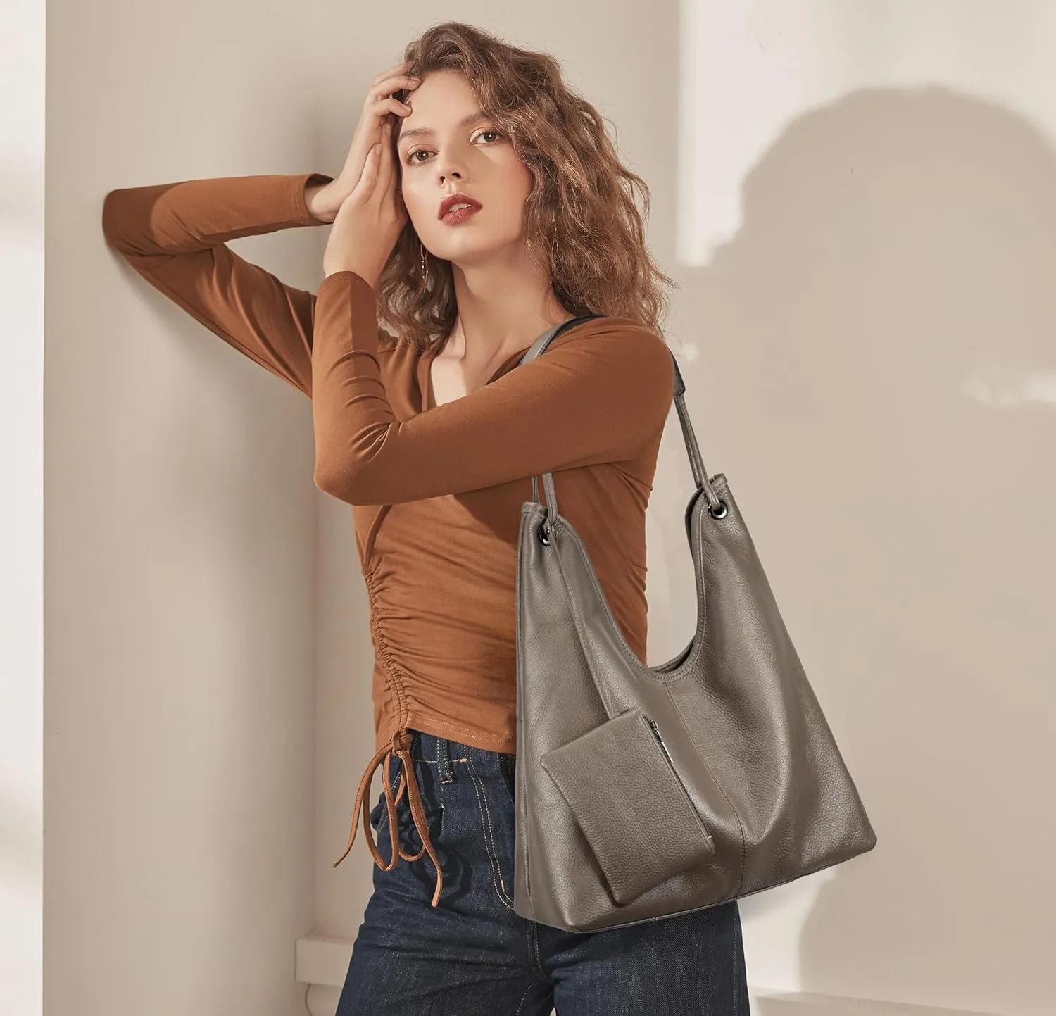 YALUXE Women’s Genuine Cowhide Leather Hobo Handbag Shoulder Bag Purse with Coin Pouch