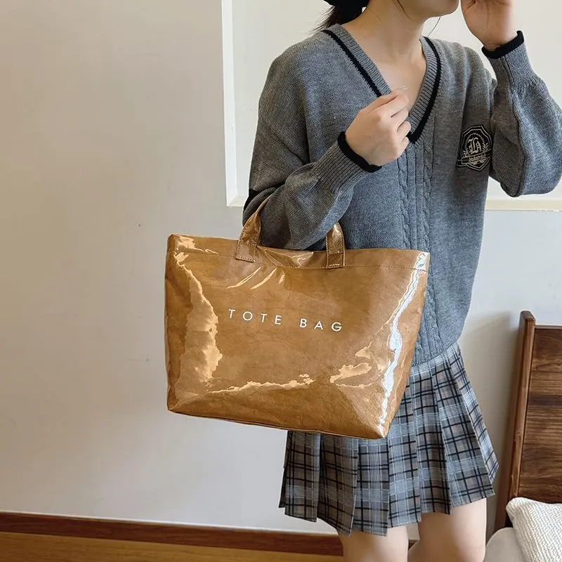 YFGBCX PVC Surface Kraft Paper Tote for Women - Large Solid Color Hobo Bag with Letter Print