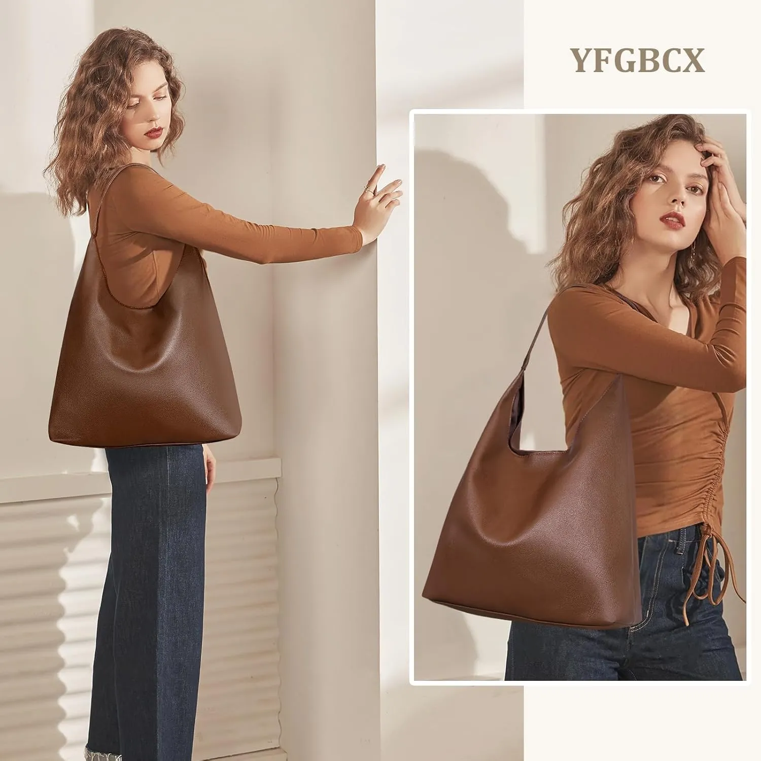 YFGBCX Slouchy Hobo Tote Bags for Women - Faux Leather Work & College Tote Handbags with Small Pouch