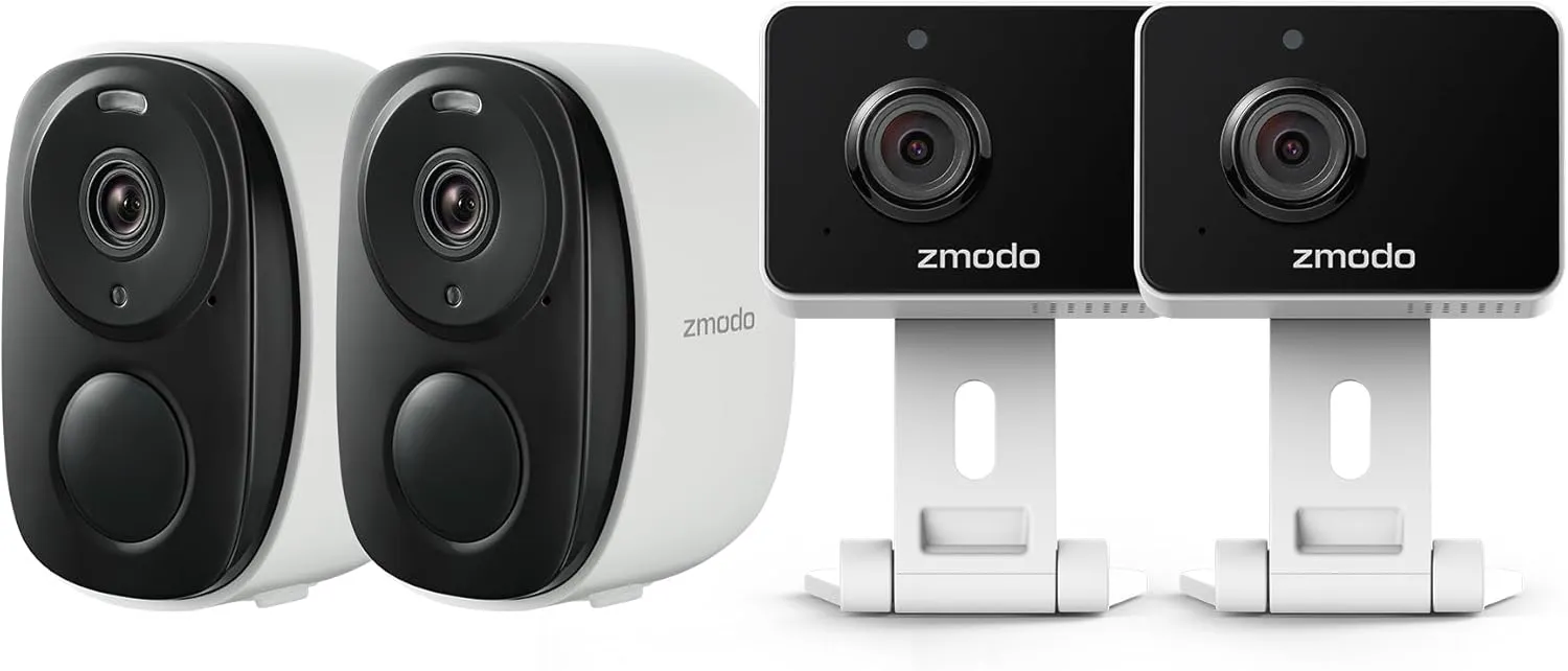 Zmodo 4 Security Cameras – Indoor Mini Pro   Wireless Outdoor/Indoor Battery Cam – Night Vision, AI Motion Detection, 2-Way Audio, Alexa Compatible, Cloud/SD Storage
