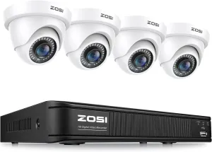 ZOSI 1080P H.265  Home Security Camera System with AI Human Vehicle Detection, 5MP 3K 8 Channel Surveillance DVR and 4 x 1080p Weatherproof CCTV Dome Camera Outdoor Indoor, 80ft Night Vision, No HDD