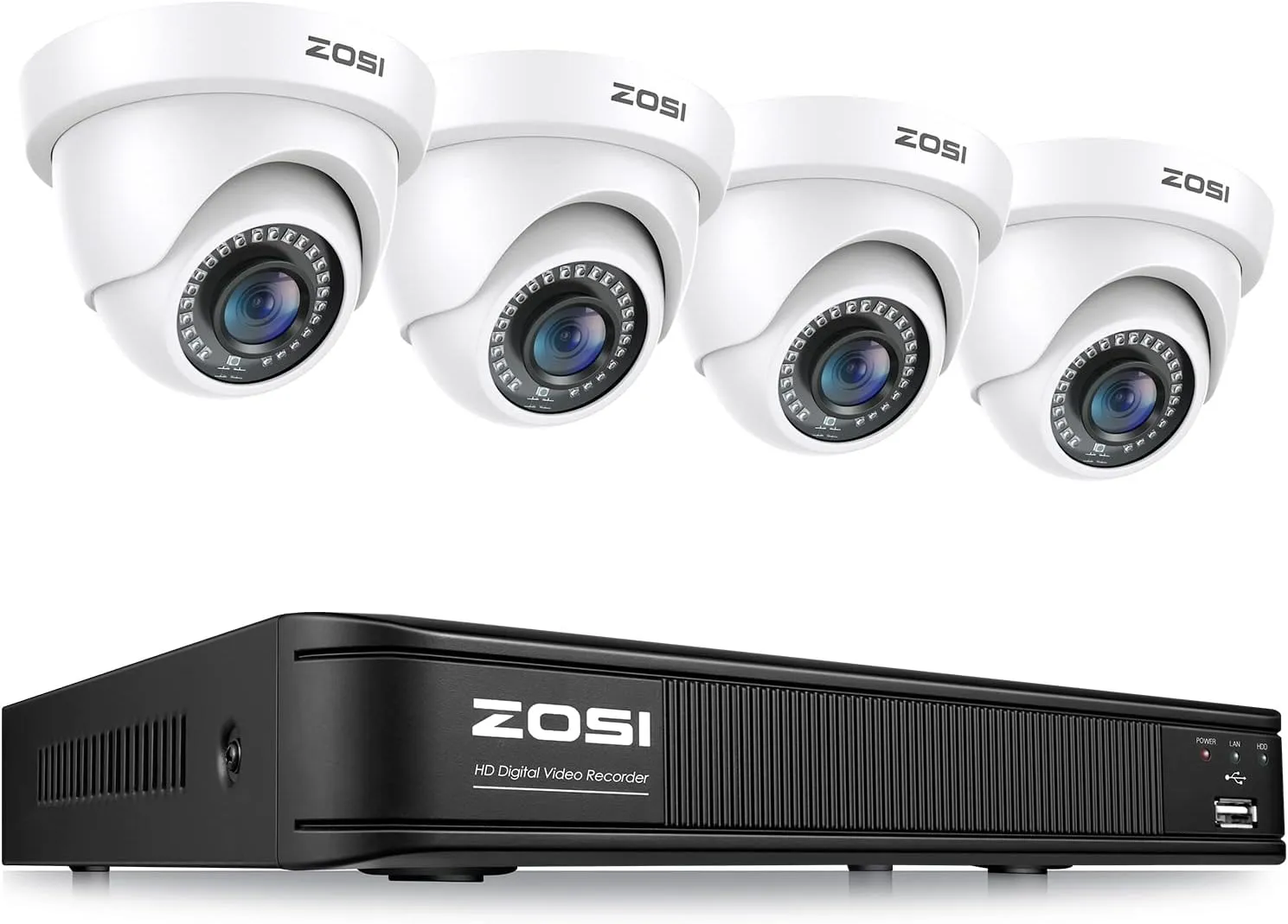 ZOSI 1080P H.265  Home Security Camera System with AI Human Vehicle Detection, 5MP 3K 8 Channel Surveillance DVR and 4 x 1080p Weatherproof CCTV Dome Camera Outdoor Indoor, 80ft Night Vision, No HDD