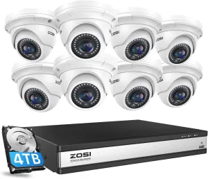 ZOSI 16CH 4K PoE Security Camera System, H.265  16 Channel 8MP NVR with 4TB HDD, 8pcs Wired 5MP Outdoor Indoor PoE IP Dome Cameras, Night Vision, Motion Alert, Remote Access, for 24/7 Recording