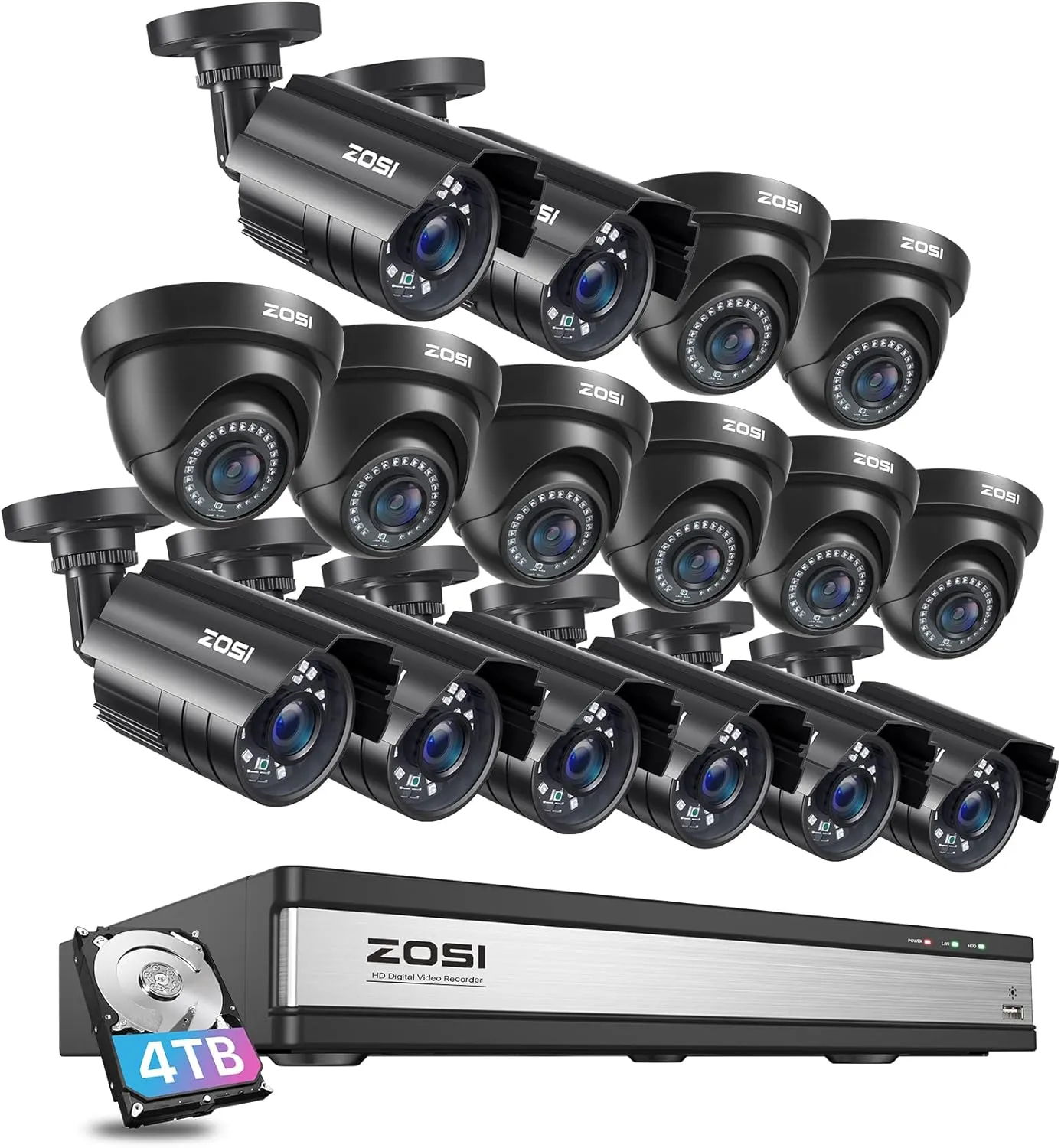 ZOSI 16CH Security Camera System with AI Human Vehicle Detection,16 Channel DVR with 4TB Hard Drive,16pcs 1920TVL 1080p Surveillance Cameras Indoor Outdoor,Night Vision,Remote Access,24/7 Recording