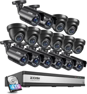 ZOSI 16CH Security Camera System with AI Human Vehicle Detection,16 Channel DVR with 4TB Hard Drive,16pcs 1920TVL 1080p Surveillance Cameras Indoor Outdoor,Night Vision,Remote Access,24/7 Recording