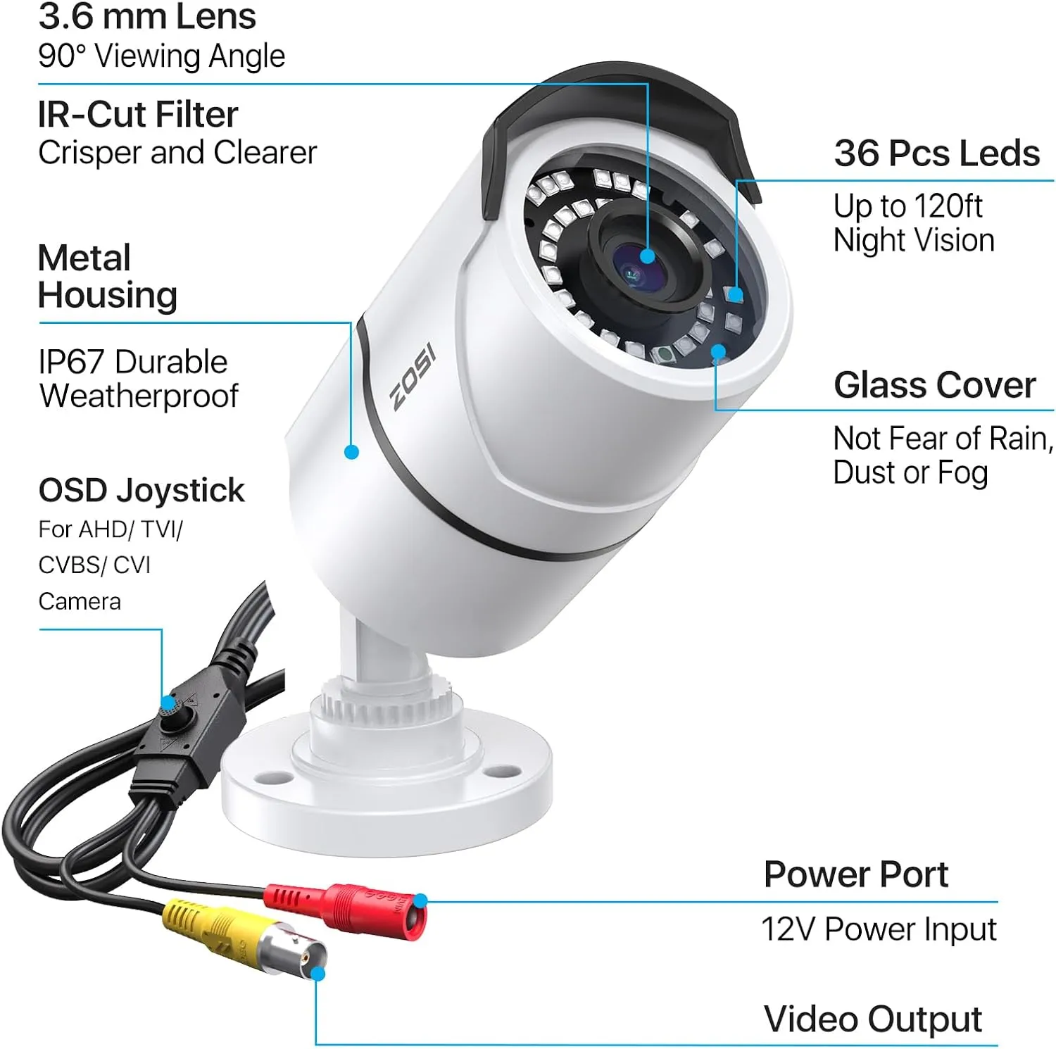 ZOSI 2MP 1080p Security Camera Outdoor Indoor (Hybrid 4-in-1 CVI/TVI/AHD/960H Analog CVBS), Night Vision, Weatherproof Surveillance CCTV Bullet Camera