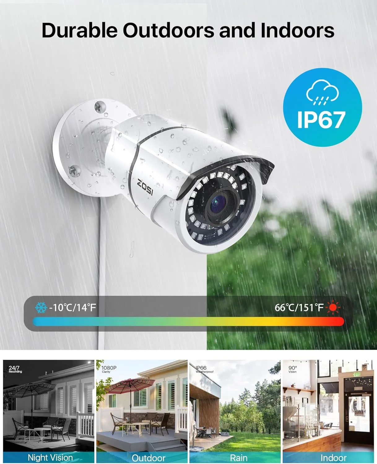 ZOSI 2MP 1080p Security Camera Outdoor Indoor (Hybrid 4-in-1 CVI/TVI/AHD/960H Analog CVBS), Night Vision, Weatherproof Surveillance CCTV Bullet Camera
