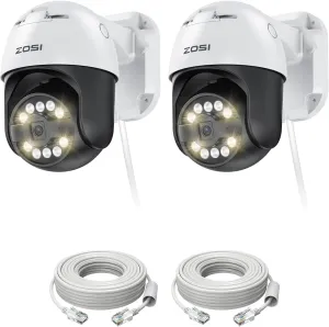 ZOSI 2Pack C296 5MP 3K PoE PT Add-On Camera Outdoor, AI Face Human Vehicle Detection & Siren Alarm, Starlight Night Vision, Auto Track, Floodlights, 5X Digital Zoom, Pan/Tilt, Only Work with ZOSI NVR