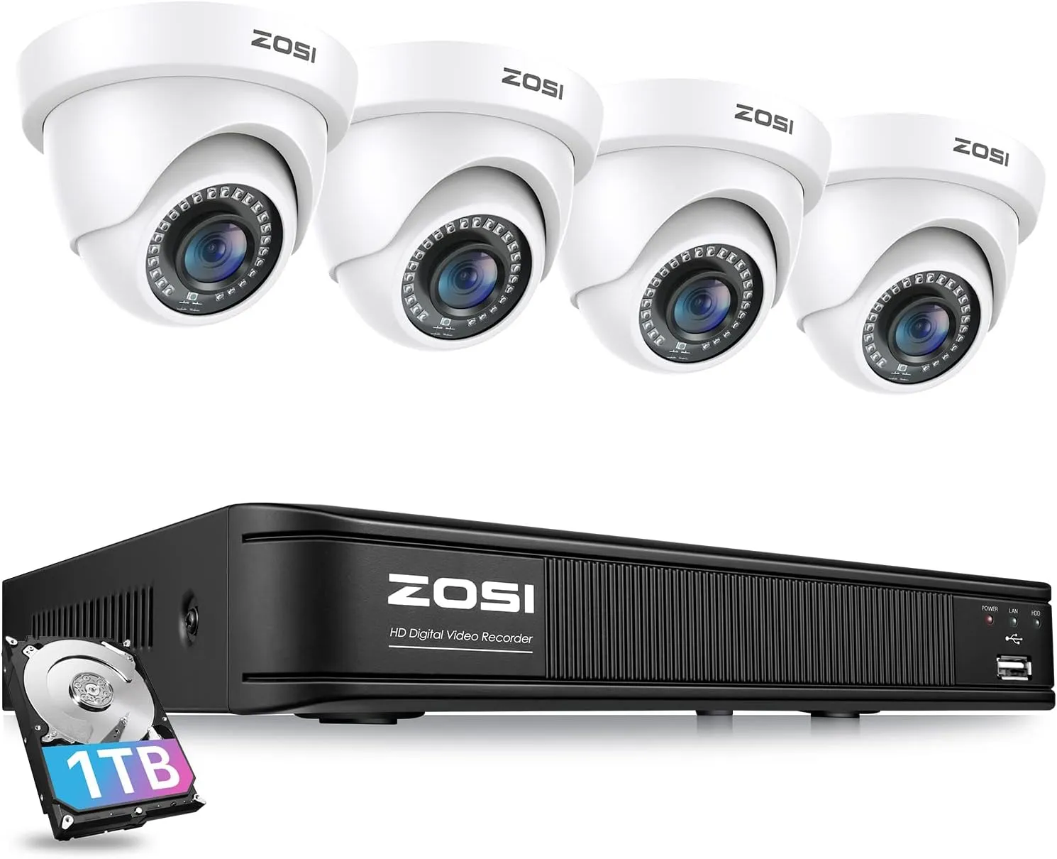 ZOSI 3K 5MP Lite H.265  Home Security Camera System, 8 Channel Surveillance DVR with AI Human Vehicle Detection and 4 x 1080p Weatherproof CCTV Dome Camera Outdoor Indoor, 80ft Night Vision, 1TB HDD