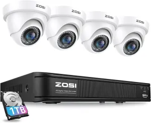 ZOSI 3K 5MP Lite H.265  Home Security Camera System, 8 Channel Surveillance DVR with AI Human Vehicle Detection and 4 x 1080p Weatherproof CCTV Dome Camera Outdoor Indoor, 80ft Night Vision, 1TB HDD