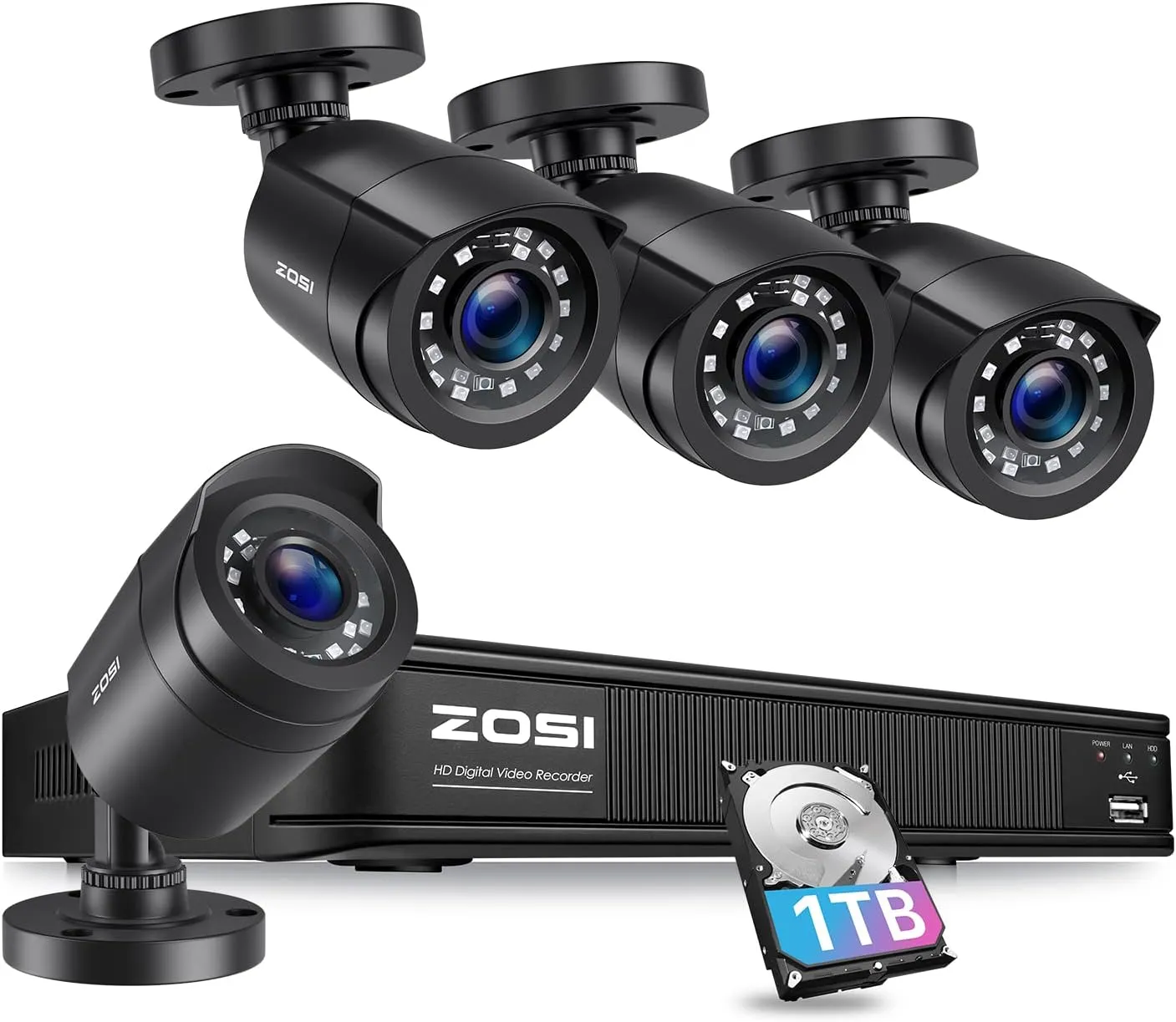 ZOSI 3K 5MP Lite Home Security Camera System with AI Human Vehicle Detection, H.265  8 Channel Surveillance DVR and 4 x 1080p Weatherproof CCTV Bullet Camera Outdoor Indoor, 80ft Night Vision, 1TB HDD