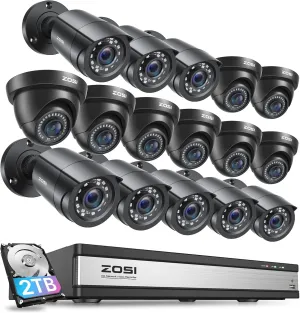 ZOSI 3K Lite 16CH Security Camera System,AI Human Vehicle Detection Night Vision,16x 1080p Indoor Outdoor Surveillance CCTV Camera,16 Channel 1080P CCTV DVR with 2TB Hard Drive,for 24/7 Recording