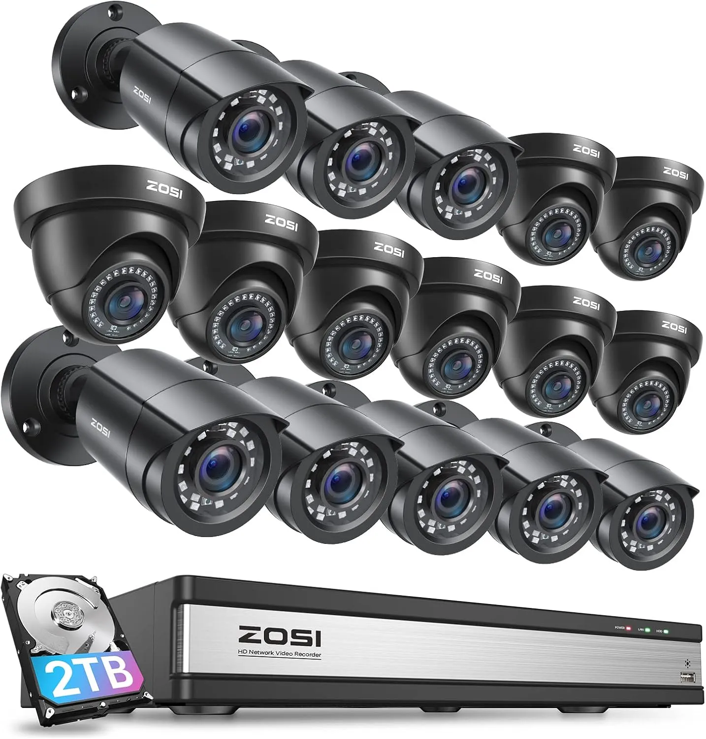 ZOSI 3K Lite 16CH Security Camera System,AI Human Vehicle Detection Night Vision,16x 1080p Indoor Outdoor Surveillance CCTV Camera,16 Channel 1080P CCTV DVR with 2TB Hard Drive,for 24/7 Recording