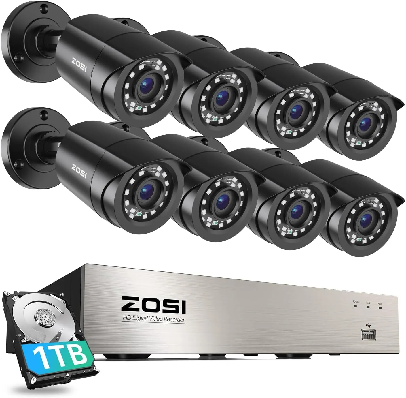 ZOSI 3K Lite 8CH Security Camera System Outdoor with 1TB Hard Drive,AI Human/Vehicle Detection,Night Vision,H.265  8 Channel 5MP Lite Video DVR Recorder,8X 1080P HD 1920TVL Weatherproof CCTV Cameras