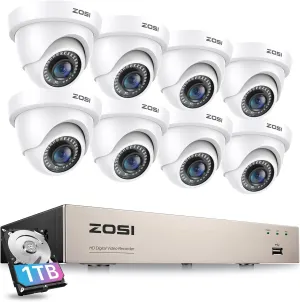 ZOSI 3K Lite 8CH Security Camera System with 1TB HDD,AI Human/Vehicle Detection,80ft Night Vision,H.265  8 Channel 1080P HD-TVI DVR Recorder,8pcs 1920TVL Weatherproof CCTV Dome Cameras Indoor Outdoor