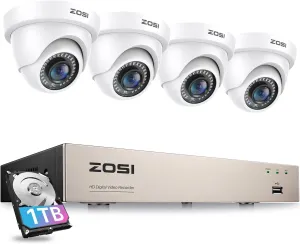 ZOSI 3K Lite Security Camera System with 1TB Hard Drive,AI Human/Vehicle Detection,Night Vision,H.265  8Channel HD TVI DVR Recorder,4pcs 1080P HD 1920TVL Indoor Outdoor Surveillance CCTV Dome Cameras