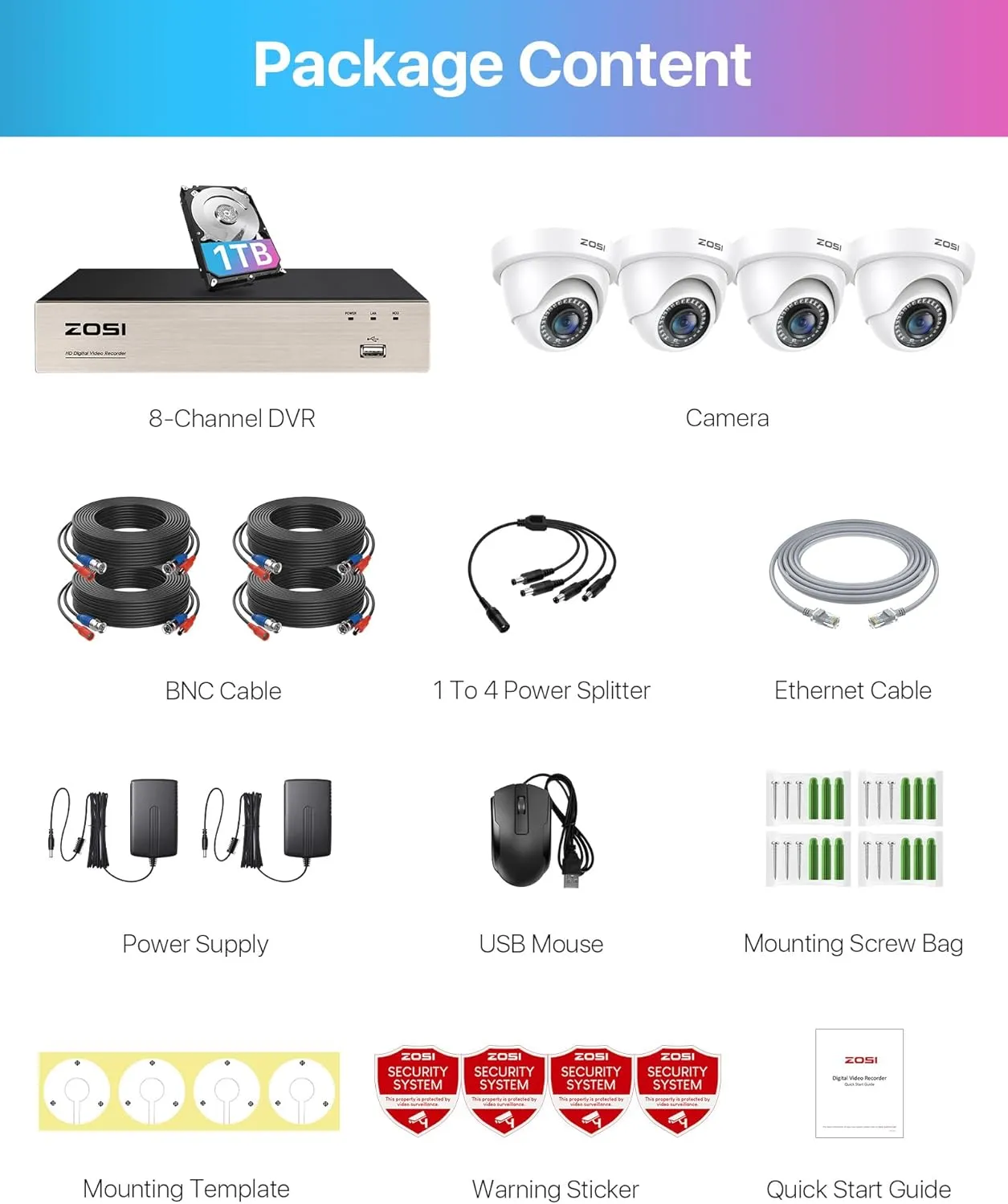 ZOSI 3K Lite Security Camera System with 1TB Hard Drive,AI Human/Vehicle Detection,Night Vision,H.265  8Channel HD TVI DVR Recorder,4pcs 1080P HD 1920TVL Indoor Outdoor Surveillance CCTV Dome Cameras