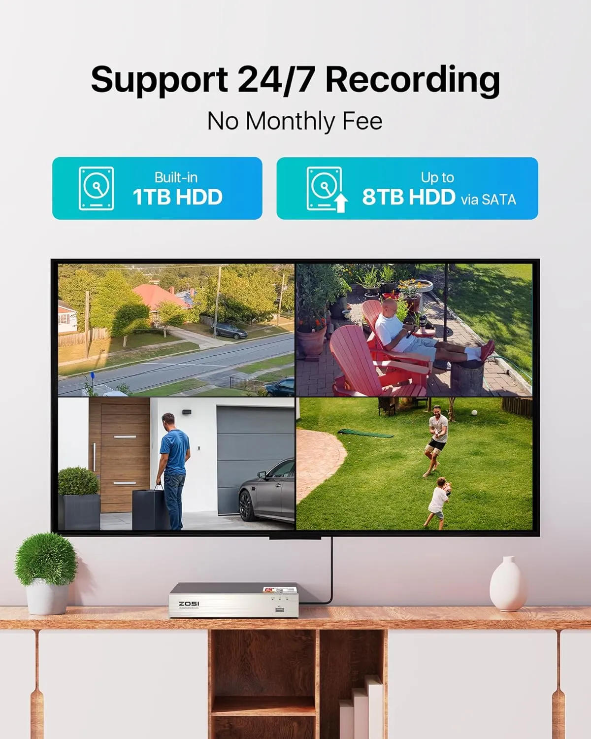 ZOSI 3K Lite Security Camera System with 1TB Hard Drive,AI Human/Vehicle Detection,Night Vision,H.265  8Channel HD TVI DVR Recorder,4pcs 1080P HD 1920TVL Indoor Outdoor Surveillance CCTV Dome Cameras