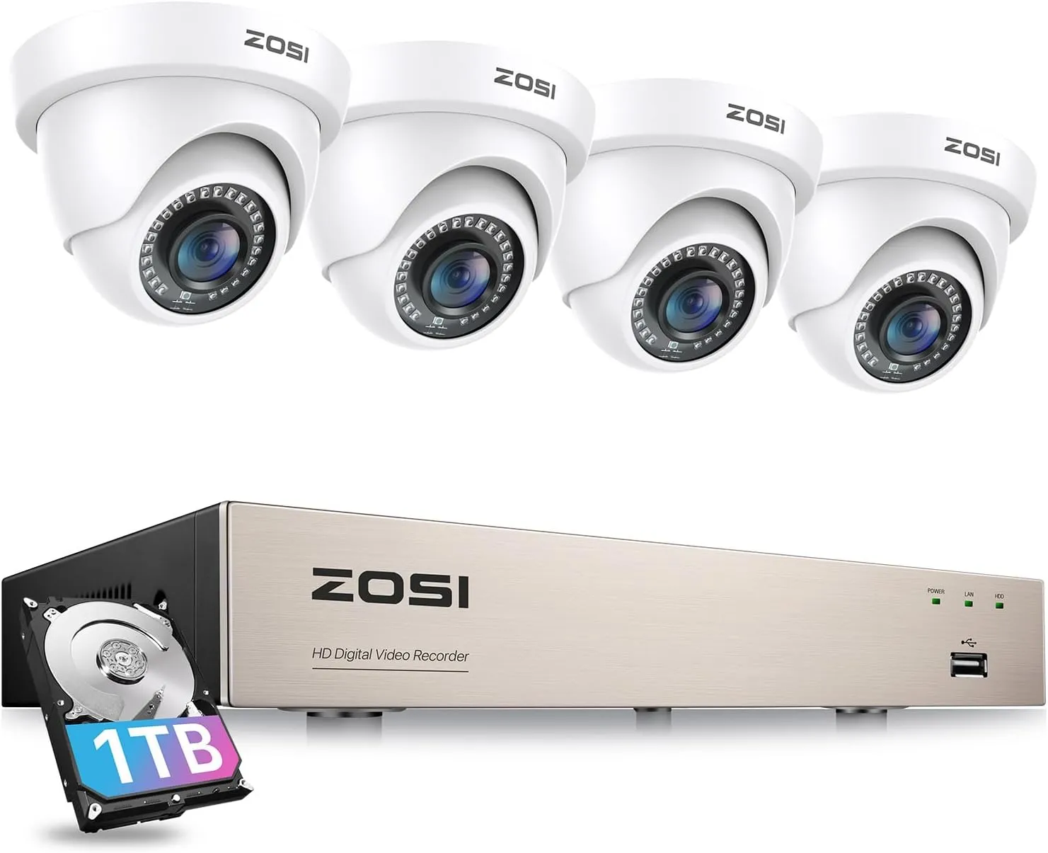 ZOSI 3K Lite Security Camera System with 1TB Hard Drive,AI Human/Vehicle Detection,Night Vision,H.265  8Channel HD TVI DVR Recorder,4pcs 1080P HD 1920TVL Indoor Outdoor Surveillance CCTV Dome Cameras