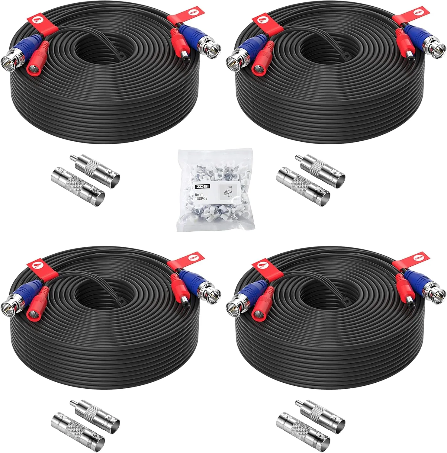 ZOSI 4 Pack 100ft (30 Meters) 2-in-1 Video Power Cable, BNC Extension Surveillance Camera Cables for Video Security Systems (Included 4X BNC Connectors and 4X RCA Adapters)