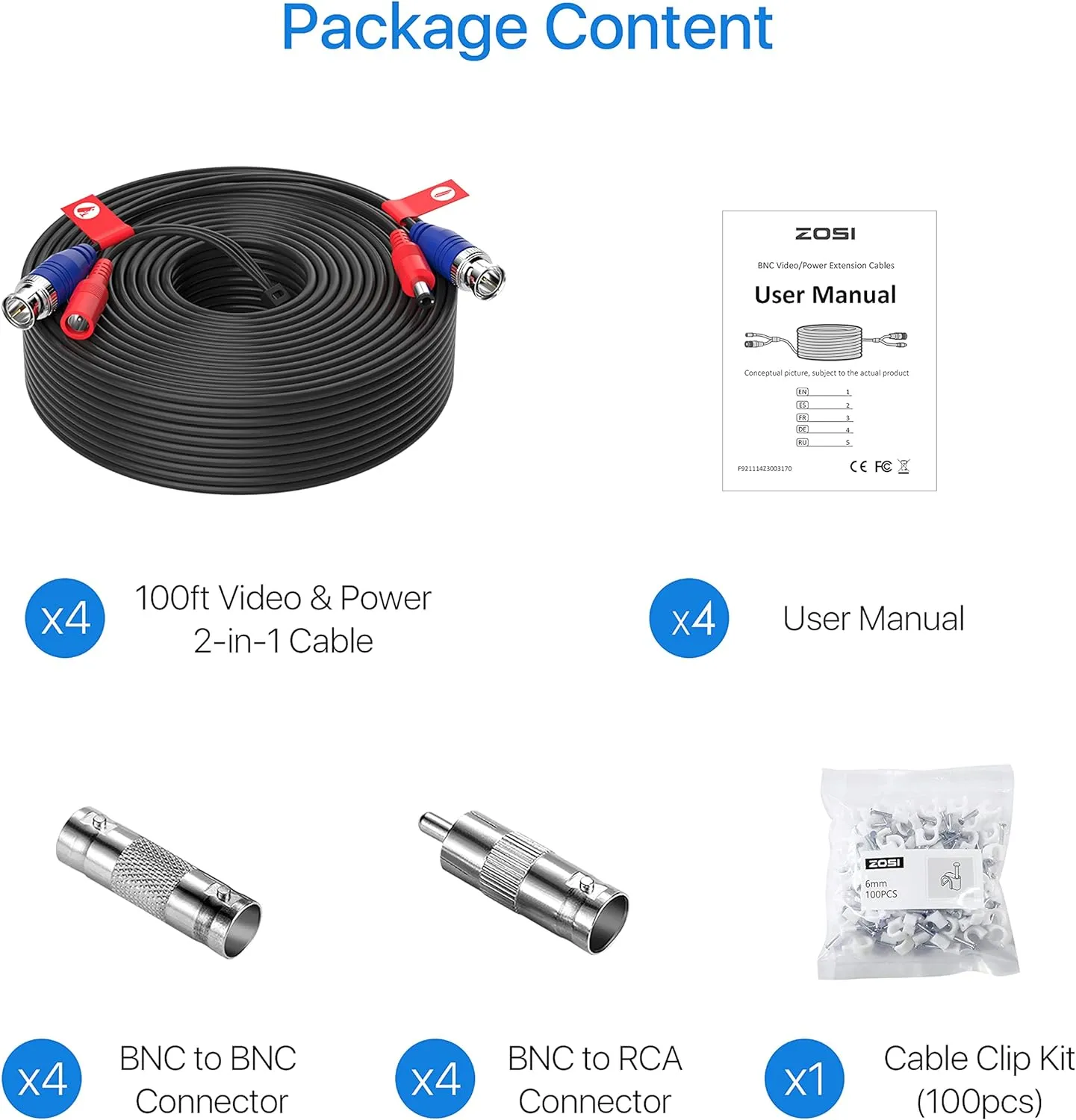 ZOSI 4 Pack 100ft (30 Meters) 2-in-1 Video Power Cable, BNC Extension Surveillance Camera Cables for Video Security Systems (Included 4X BNC Connectors and 4X RCA Adapters)