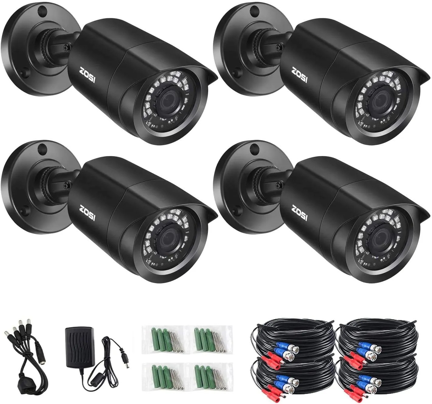 ZOSI 4 Pack 1080P 2.0MP Outdoor Indoor 3.6mm 24PCS Infrared IR Lens Day Night CCTV IR Cut Surveillance Security Camera Compatible for TVI DVR (Renewed)