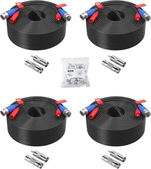 ZOSI 4 Pack 150ft (45 Meters) All-in-One Video Power Cable, BNC Extension Surveillance Camera Cables for Video Security DVR Camera Systems (Included 4X BNC Connectors and 4X RCA Adapters)-Black Color