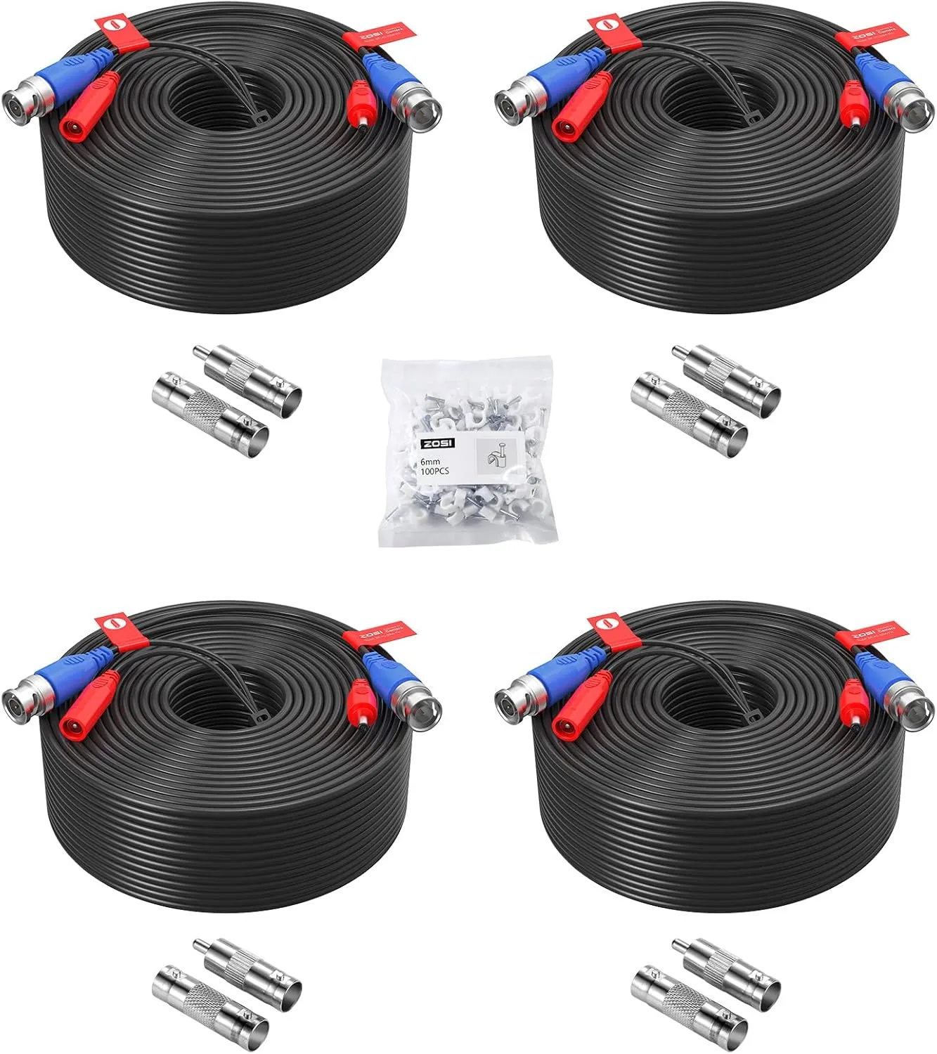 ZOSI 4 Pack 150ft (45 Meters) All-in-One Video Power Cable, BNC Extension Surveillance Camera Cables for Video Security DVR Camera Systems (Included 4X BNC Connectors and 4X RCA Adapters)-Black Color