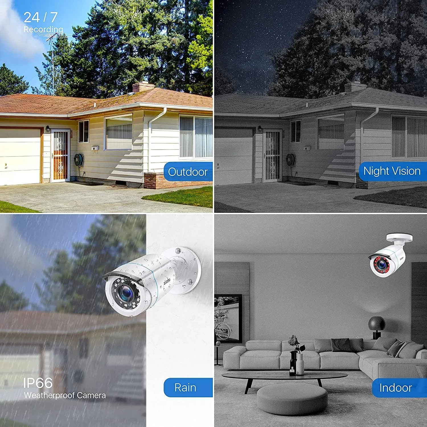 ZOSI 4 x 2MP 1080p HD-TVI Home Security Camera Outdoor Indoor 1920TVL,24PCS LEDs,80ft Night Vision, 90°View Angle, Weatherproof Outside Surveillance CCTV Bullet Camera