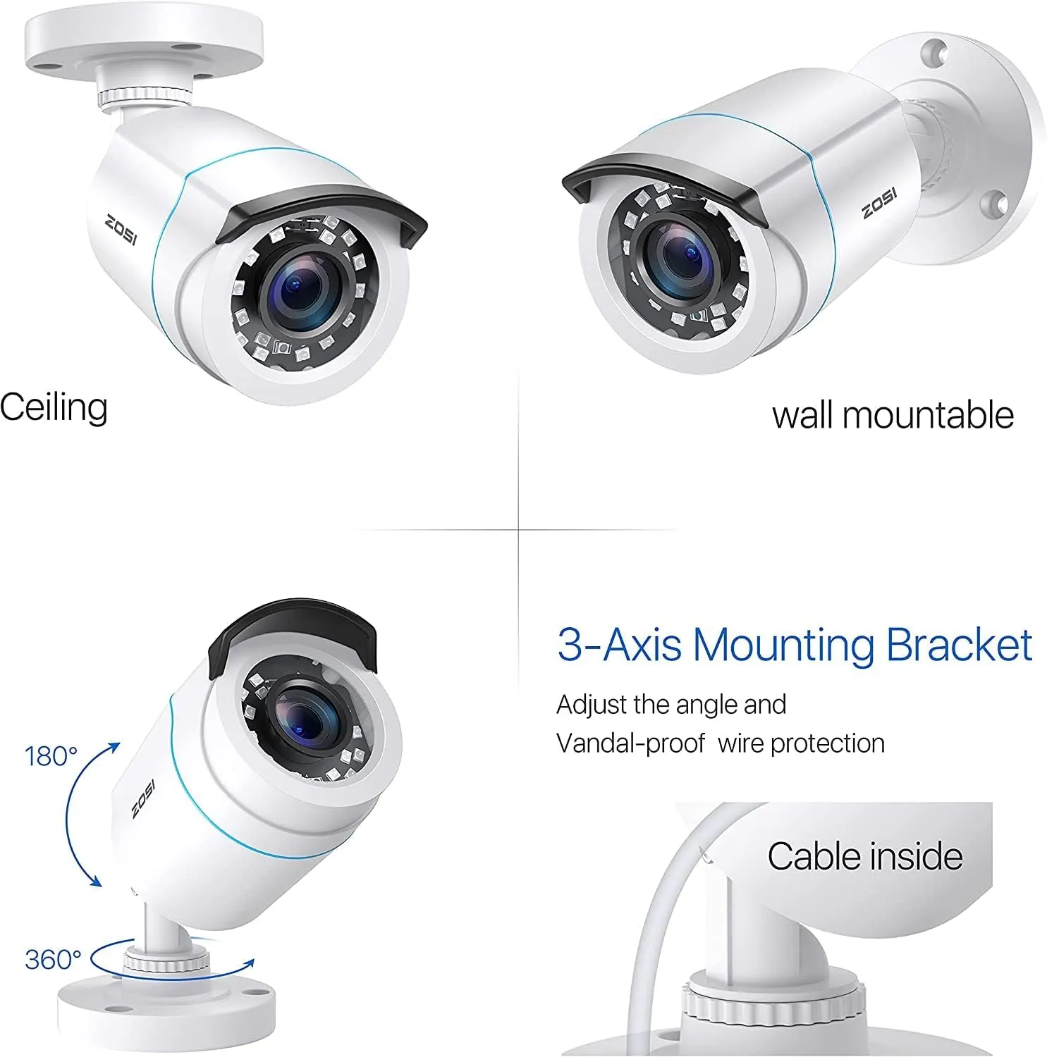 ZOSI 4 x 2MP 1080p HD-TVI Home Security Camera Outdoor Indoor 1920TVL,24PCS LEDs,80ft Night Vision, 90°View Angle, Weatherproof Outside Surveillance CCTV Bullet Camera