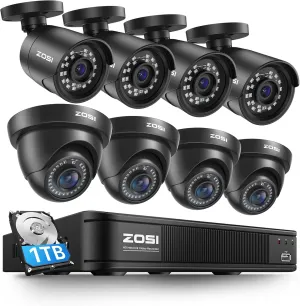 ZOSI 5MP Lite Home Security Camera System Outdoor Indoor, 8 Channel H.265  CCTV DVR and 8 x 1080p Weatherproof Surveillance Bullet Dome Camera, AI Motion Detection, Remote Access (1TB Hard Drive)