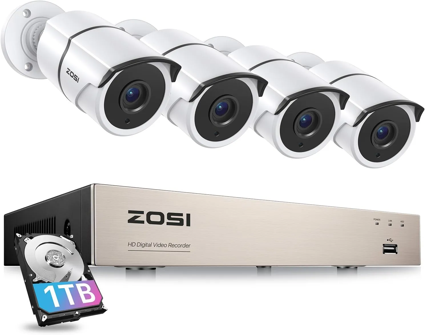 ZOSI 8CH 3K Lite Home Security Camera System Outdoor,AI Human/Vehicle Detection,Night Vision,4pcs 1080P Metal Weatherproof Cameras with 1-Way Audio,H.265  8Channel DVR with 1TB HDD for 24/7 Recording