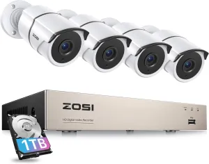 ZOSI 8CH 3K Lite Home Security Camera System Outdoor,AI Human/Vehicle Detection,Night Vision,4pcs 1080P Metal Weatherproof Cameras with 1-Way Audio,H.265  8Channel DVR with 1TB HDD for 24/7 Recording